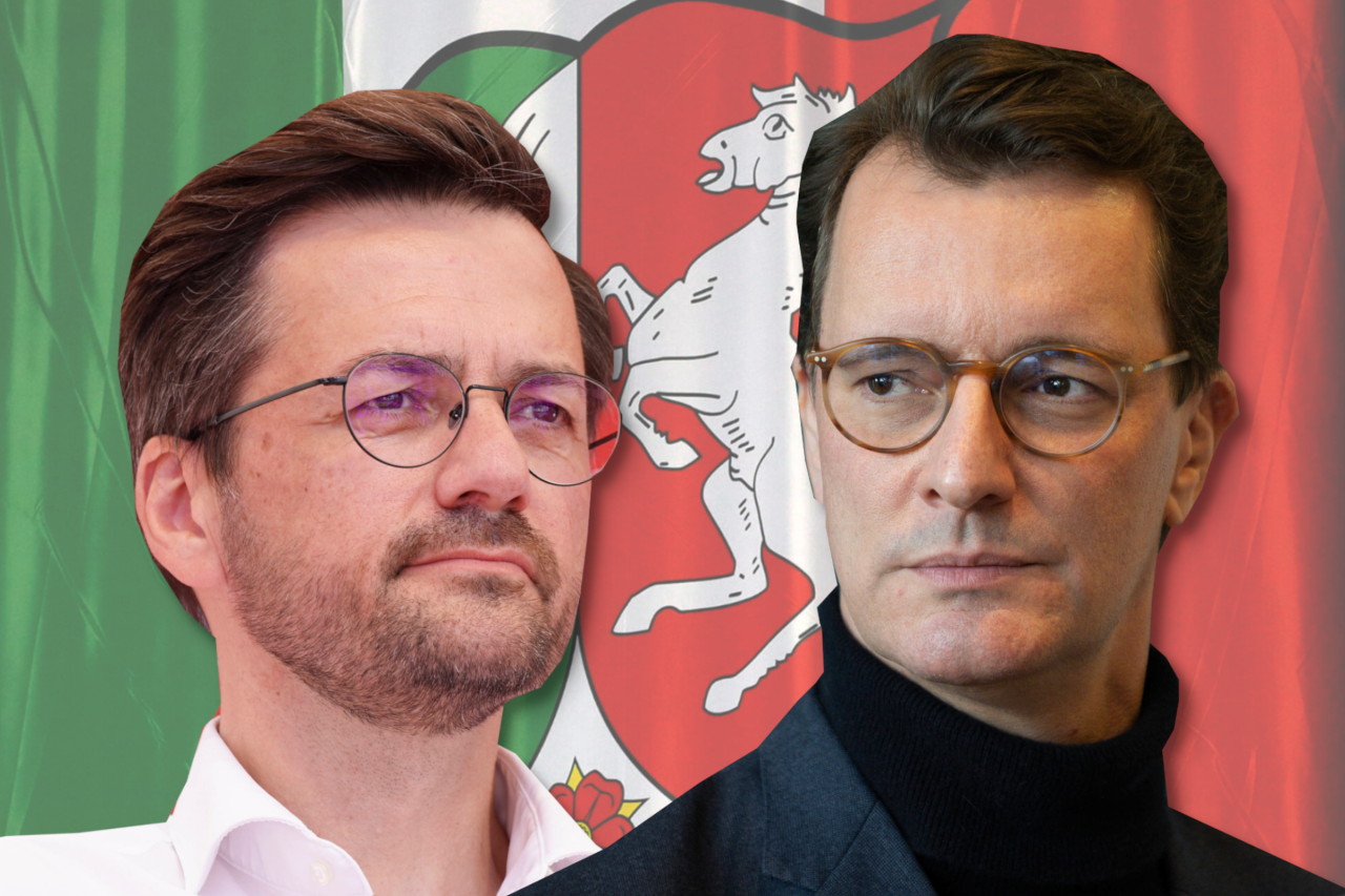 Spannendes Rennen vor der NRW-Wahl 2022 zwischen Herausforderer Thomas Kutschaty (SPD, links) und Ministerpräsident Hendrik Wüst (CDU). 
