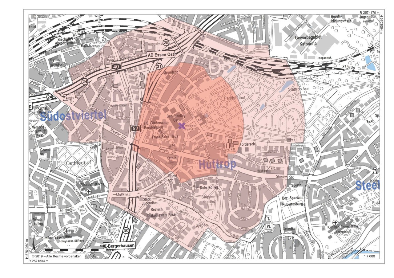 Bombenfund in Essen: Der innere Kreis markiert die Evakuierungszone.