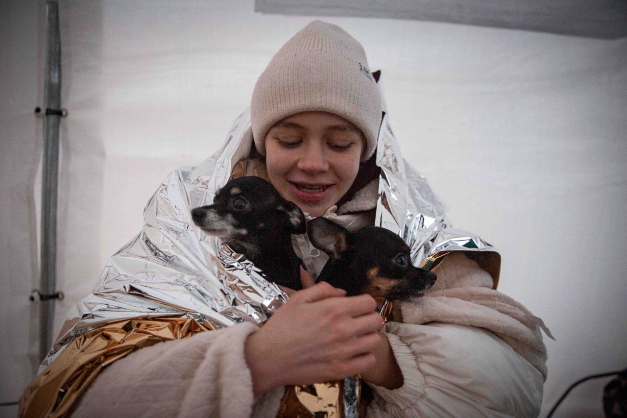Viele Menschen aus der Ukraine wollten ihre Haustiere nicht im Stich lassen und sind mit ihnen vor dem Krieg geflüchtet. Genau wie Katya hier am Grenzübergang in Medyka.