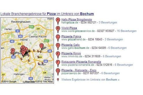 Um Angebote in Ihrer Nähe zu finden, geben Sie den Suchbegriff gefolgt vom Ort oder der Postleitzahl ein. Pizza-Fans aus Bochum tippen also Pizza Bochum und bekommen eine Karte, auf der die Lokale eingezeichnet sind. Dazu gibt es Telefonnummern und Links zu Bewertungen.