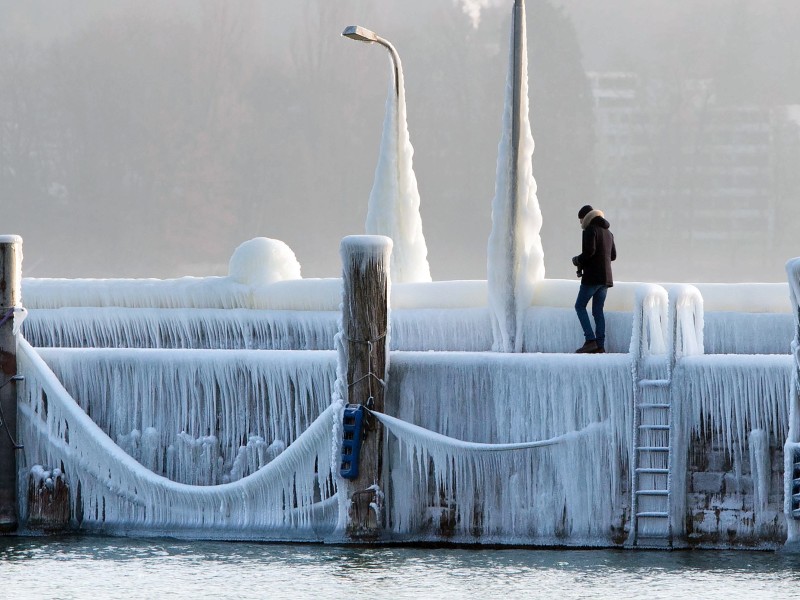 Mit Eis überzogen: Der Hafen am Bodensee in Konstanz (Baden-Württemberg).