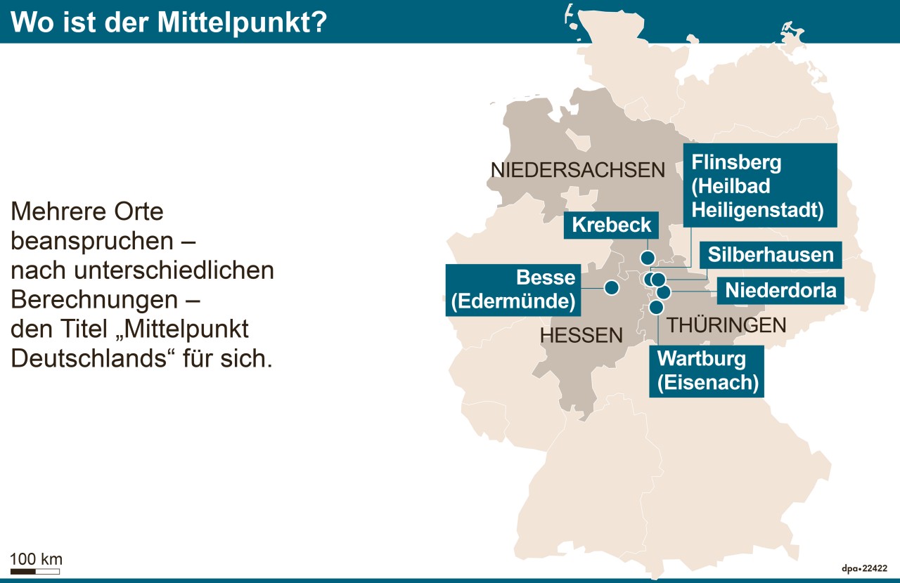 Wo ist der Mittelpunkt Deutschlands? Mehrere Gemeinden beanspruchen diesen Titel für sich. (Grafik: dpa)