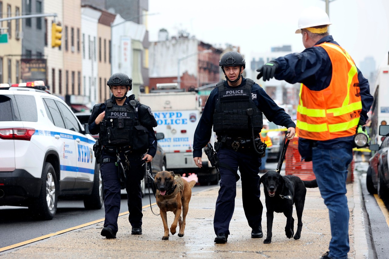 New York: Nach den Schüssen in einer U-Bahn mit 23 Verletzten untersucht die Polizei die Umgebung mit Bombenspürhunden.