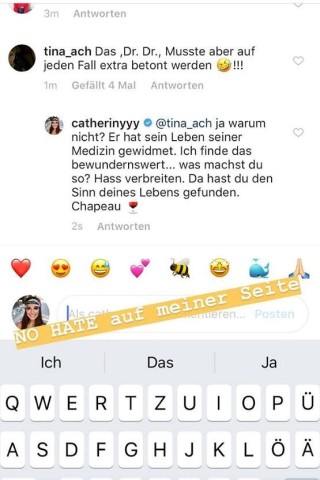 Mit den Worten "No HATE auf meiner Seite" macht Cathy Hummels klar, dass sie keine Hasskommentare akzeptiert.