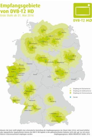 Die erste Stufe vom DVB-T2 HD ist am 31. Mai 2016 gestartet.