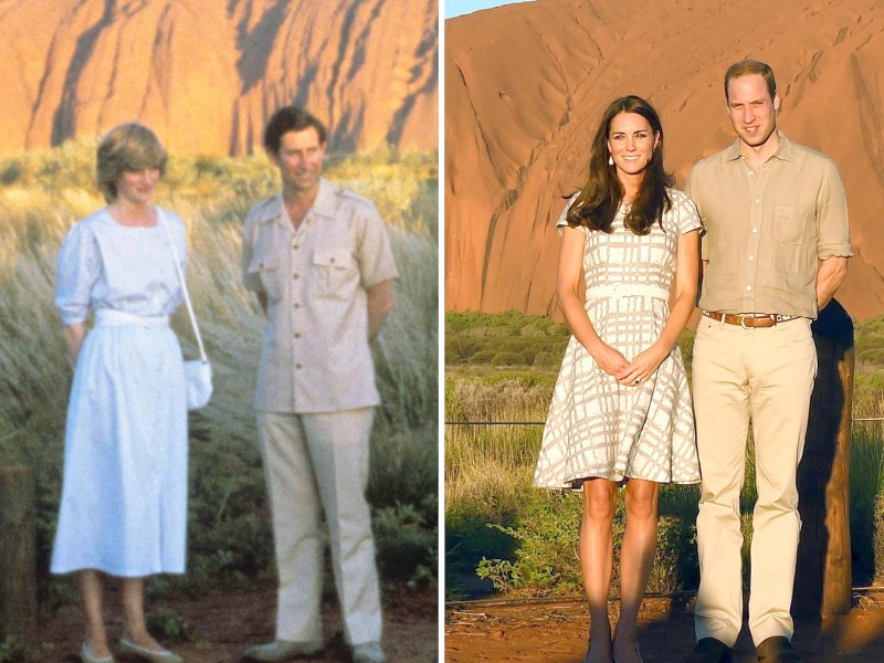 Zwei Motive – rund 30 Jahre liegen dazwischen. Die Bildkombo zeigt Prinz Charles und Prinzessin Diana (l.) am 21. März 1983 sowie Herzogin Kate und Prinz William (r.) am 22. April 2014 vor Ayers Rock, dem Heiligen Berg der australischen Ureinwohner. 