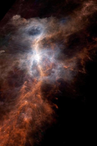Die neblige Seite des Oriongürtels zeigt sich in einem Infrarotbild vom Weltraum-Observatorium der Europäischen Weltraumorganisation.