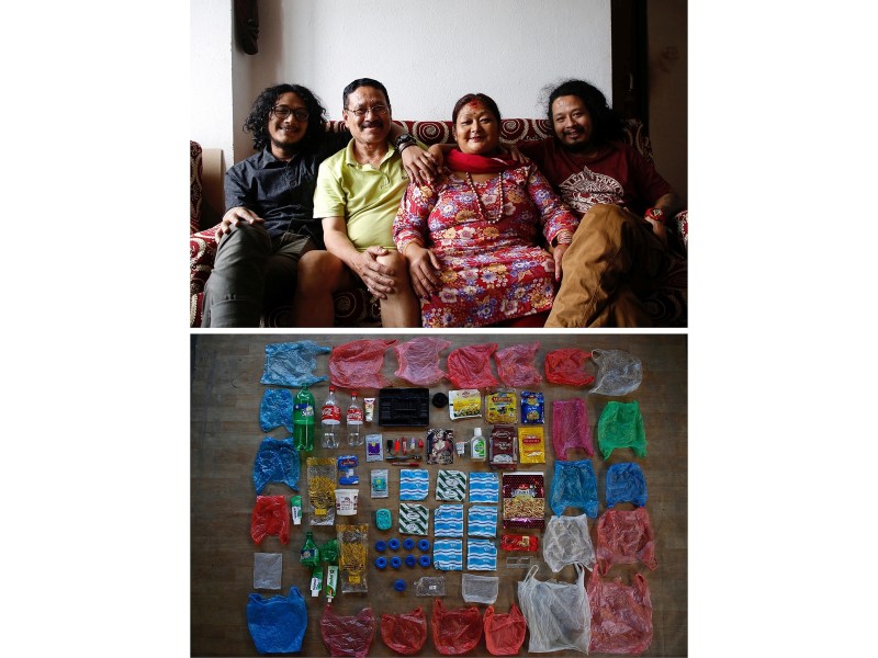 Roshani Shrestha (2. v.r.) gibt ihre Plastiktüten den Gemüseverkäufern zurück, damit sie sie wiederverwenden können, anstatt eine neue zu verwenden. Wir würden gern mehr Alternativen zu Plastik verwenden, aber es ist nicht möglich. Die meisten Produkte sind schon in Plastik eingepackt, wenn wir sie kaufen.“Roshani lebt mit ihrem Mann Indra Lal Shrestha (2. v.l.) und den Söhnen Ejan Shrestha (l.) und Rojan Shrestha in Katmandu (Nepal).