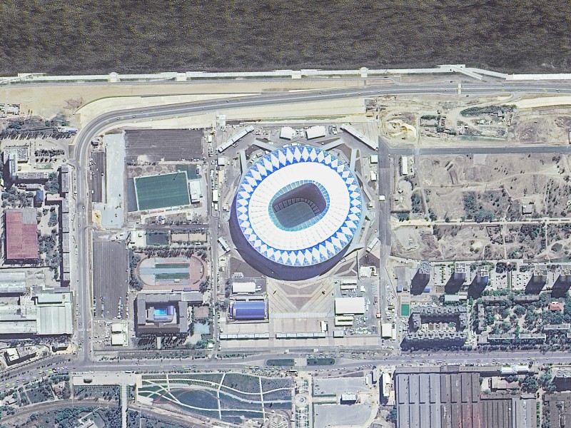 Hier ist die Wolgograd-Arena von oben zu sehen– aufgenommen vom Erdorbit, rund 400 Kilometer oberhalb des Meeresspiegels. 