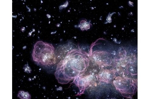 Noch ziemlich ungeordnet: eine Babygalaxie in einem ansonsten schon fertig geformten Universum.
Bild: Nasa