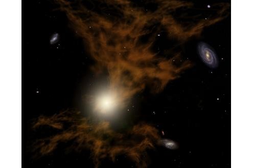 Rund um eine ovale Galaxie namens NGC 5044 mischen sich Staubpartikel mit kochend heißem Gas. Das Ergebnis ist spektakulär.
Bild: Nasa