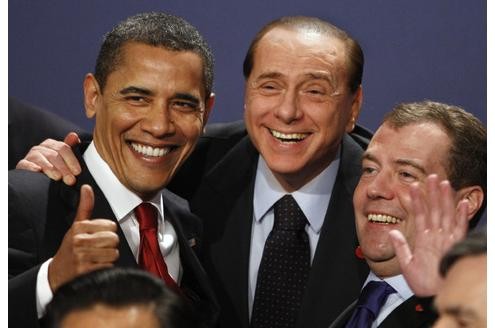 Beim Treffen der G20 scherzte Barack Obama mit dem italienischen Premier Silvio Berlusconi und dem russischen Präsidenten Dimitri Medwedew. 