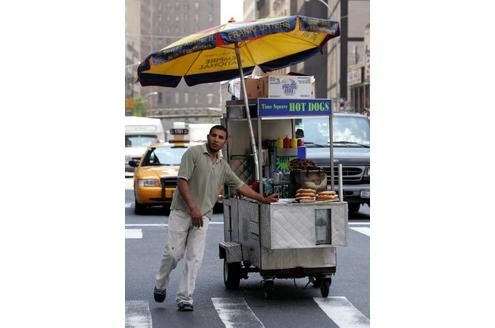 Ein Hot Dog Stand im Stil der New Yorker Straßenimbisse wird vom US-Händler Hammacher Schlemmer für 5499,95 Dollar (etwa 4100 Euro) angeboten. Der Edelstahl-Stand hat ein Kühlfach und verfügt über einen gasbetriebenen Grill.
