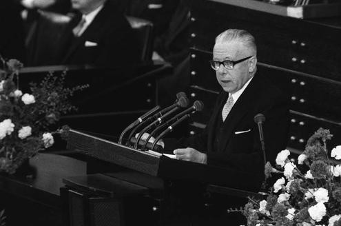 1969: Bundespräsident Gustav Heinemann (SPD) hält seine Antrittsrede im Deutschen Bundestag in Bonn.