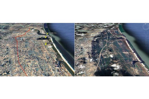 ...zeigt diese Luftaufnahme der Cheng-Kung Universität und der Raumfahrtbehörde von Taiwan: Das Gebiet um Sendai vor (links) und nach dem Erdbeben und dem folgenden Tsunami.