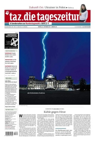 Auch in deutschen Zeitungen wird der Einzug der Rechtsextremen als Zäsur beschrieben, etwa in der „tageszeitung“: „AfD drittstärkste Fraktion“, heißt es am Montag auf der Titelseite. Alles Weitere sagt das Foto. 
