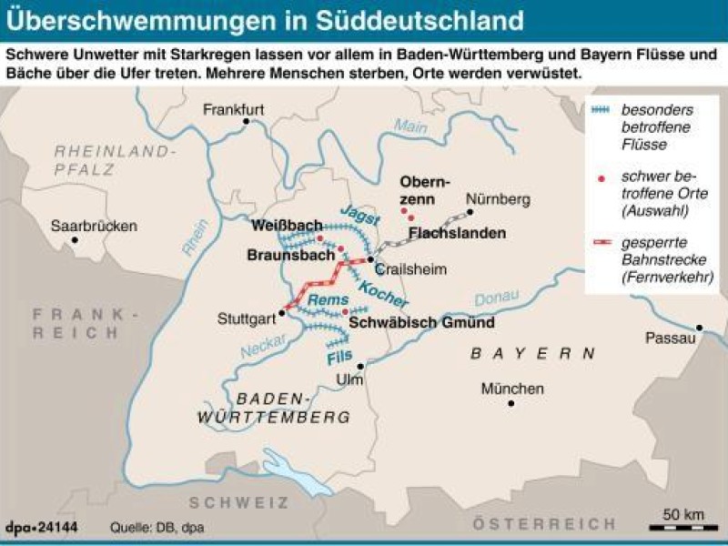 Veranschaulichung der am schlimmsten von den Überschwemmungen betroffenen Orte in Süddeutschland.