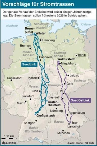 Der Bau gigantischer unterirdischer Stromtrassen quer durch Deutschland für die Energiewende nimmt konkrete Formen an.
