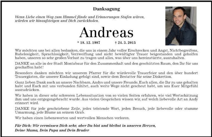 In der Anzeige, die in der „Westerwälder Zeitung“ veröffentlicht wurde, bedankten sich die Eltern von Andreas Lubitz für die Unterstützung. 