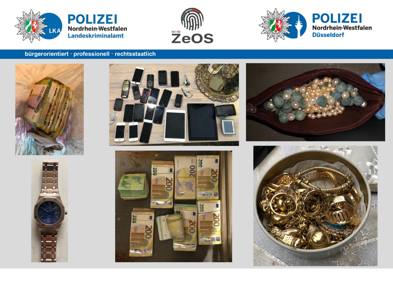 Schmuck, Bargeld und Handys stellten die Ermittler sicher.