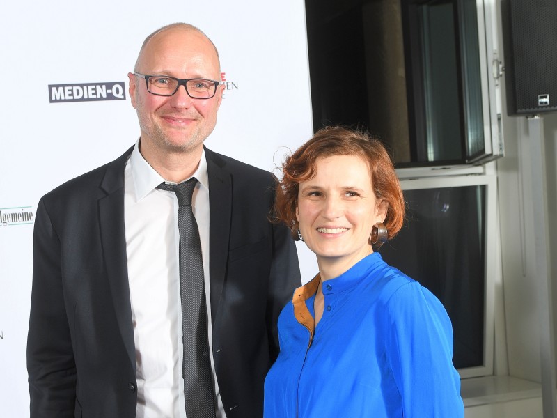Katja Kipping, Vorsitzende der Linken, mit Thomas Kloß, Chefredakteur Online der Funke Zentralredaktion.