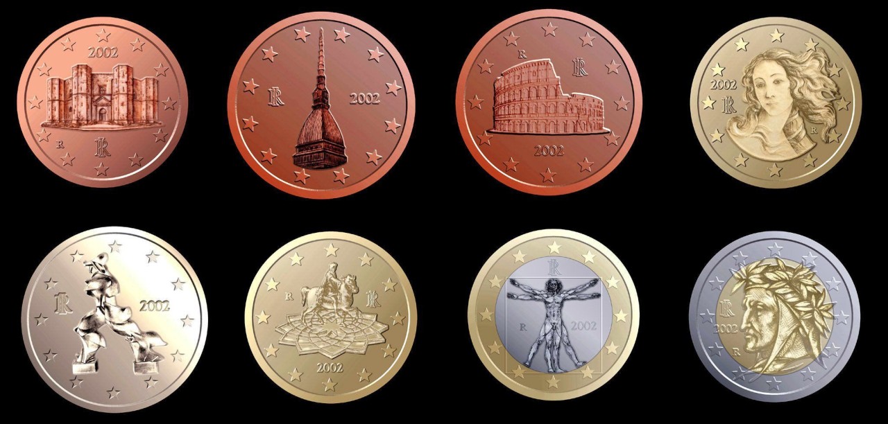 So sehen die Rückseiten der italienischen Euro-Münzen korrekt aus. Ganz links die 1-Cent-Münze mit dem Castel del Monte. Daneben die 2-Cent-Münzen mit dem Turiner Wahrzeichen Mole Antonelliana. 