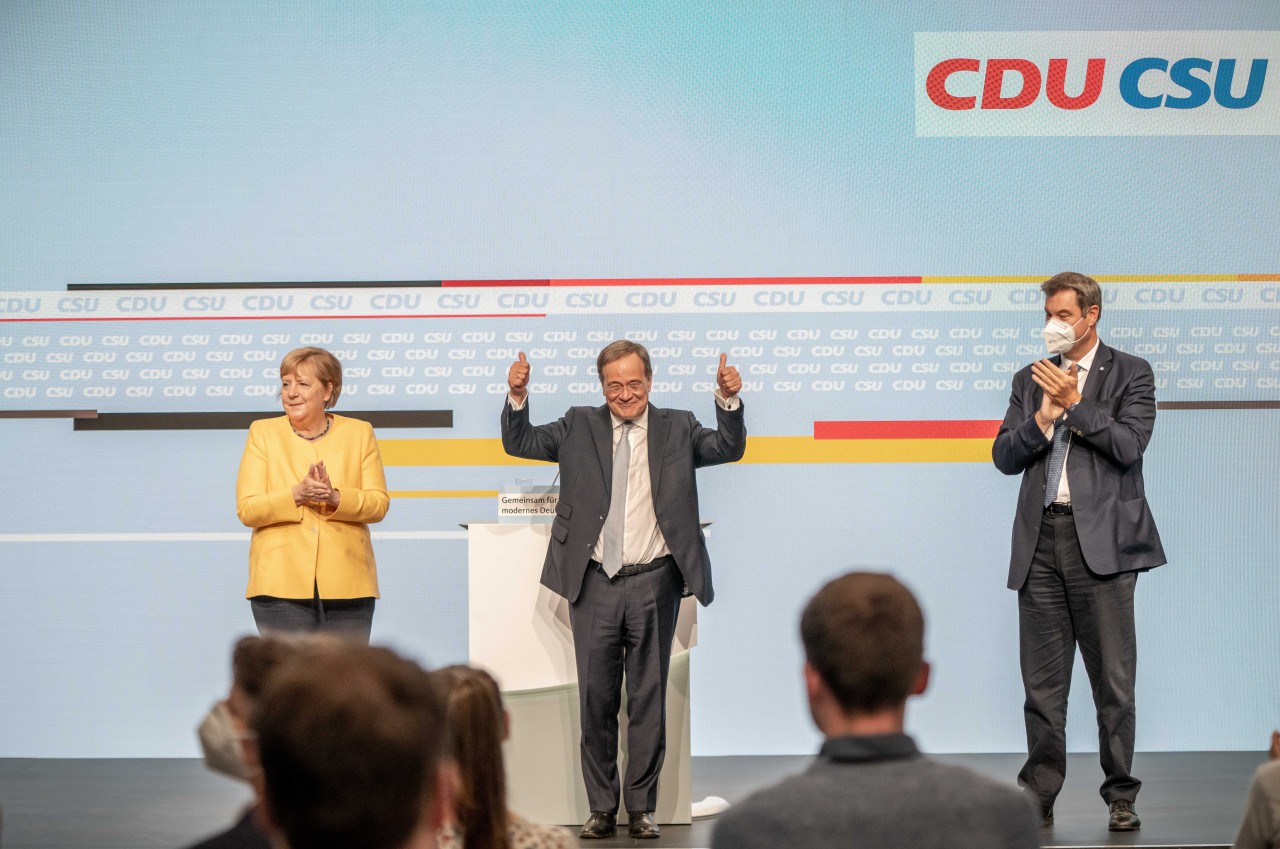 Angela Merkel, Armin Laschet und Markus Söder beim zentralen Wahlkampfauftakt von CDU und CSU
