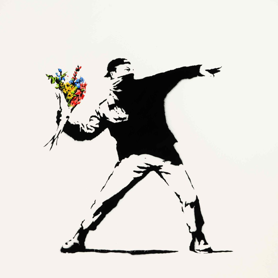 Das Bild „Love is in the air“ von Banksy wurde bei Sotheby's in New York für umgerechnet knapp 10,7 Millionen Euro versteigert. 