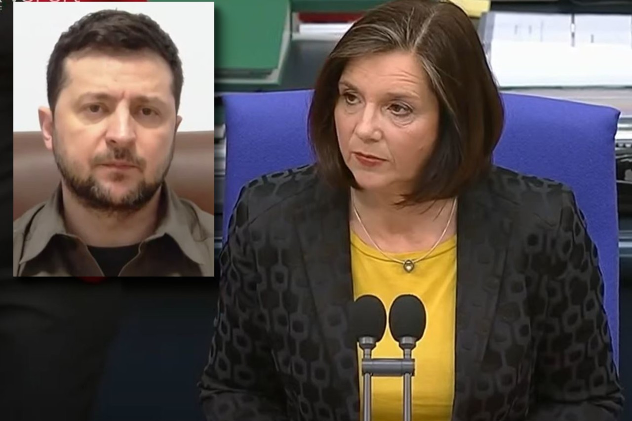 Emotionale Minuten im Bundestag: Ukraines Präsident Wolodimir Selenskyj hielt eine Rede. Vizepräsident Katrin Göring-Eckardt leitete die Sitzung am Donnerstag. 