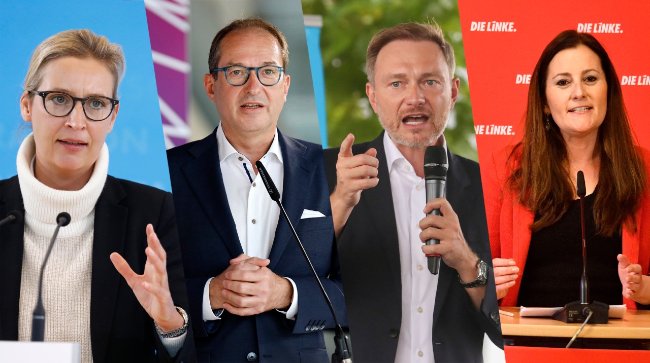 Nehmen am „Vierkampf“ in der ARD teil (v.l.n.r.): Alice Weidel (AfD), Alexander Dobrindt (CSU), Christian Lindner (FDP) und Janine Wissler (Die Linke).