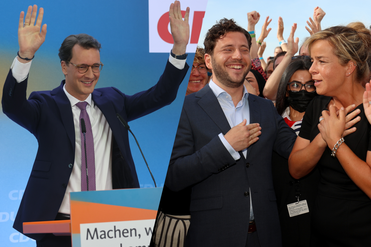 Die Wahlsieger der NRW-Wahl: Hendrik Wüst und die Grünen um Mona Neubaur. 