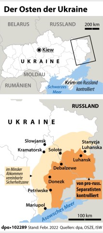Der Donbass im Osten der Ukraine: Offenbar beansprucht Wladimir Putin dieses Gebiet, das etwa zur Hälfte von pro-russischen Separatisten gehalten wird. Oder will Putin sogar bis nach Kiew? 