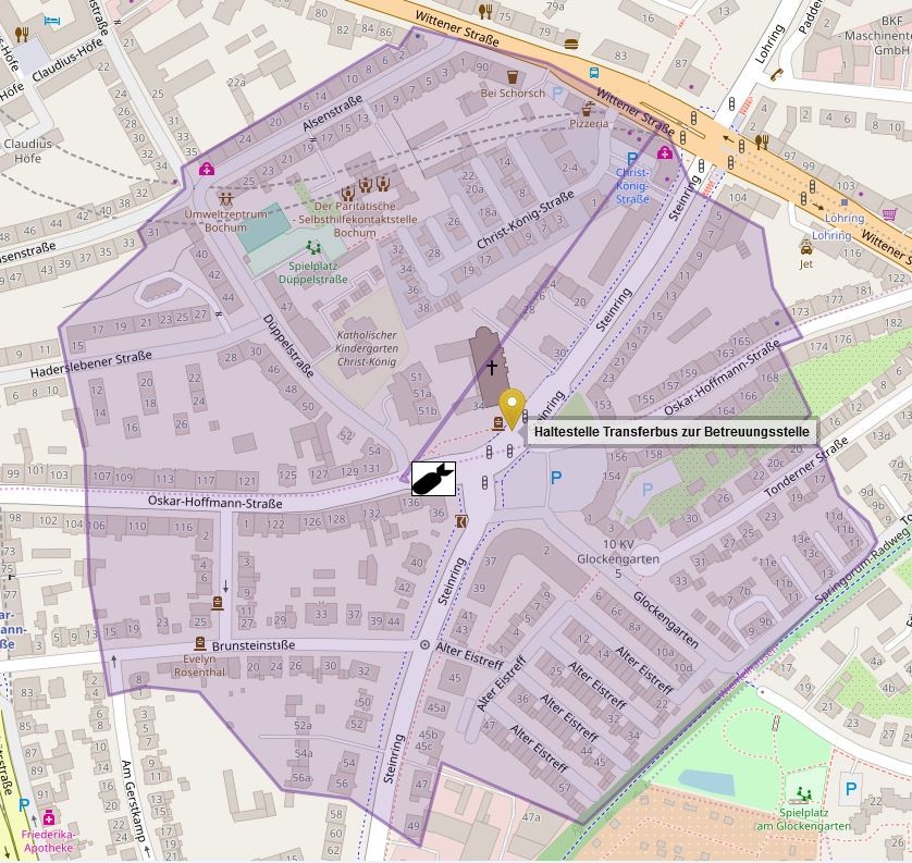 In dem farbig markierten Bereich um den möglichen Bomben-Fundort in Bochum-Mitte muss am Donnerstag eventuell evakuiert werden.