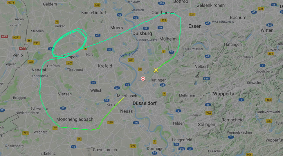Kurze Strecke: Über Oberhausen, Kempen und Mönchengladbach flog die Maschine zurück nach Düsseldorf.