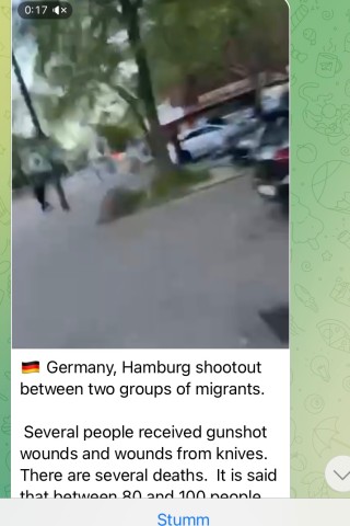 Ein russischer Telegram-Kanal postet ein Augenzeugen-Video von der Schießerei in Duisburg. Die Informationen dazu sind aber klare Fake-News.