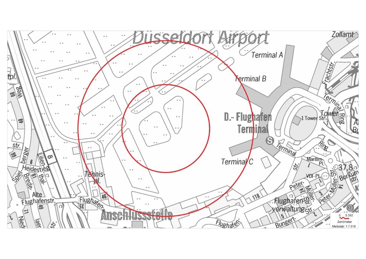 Die Entschärfungsgebiete am Flughafen Düsseldorf (250 und 500 Meter).