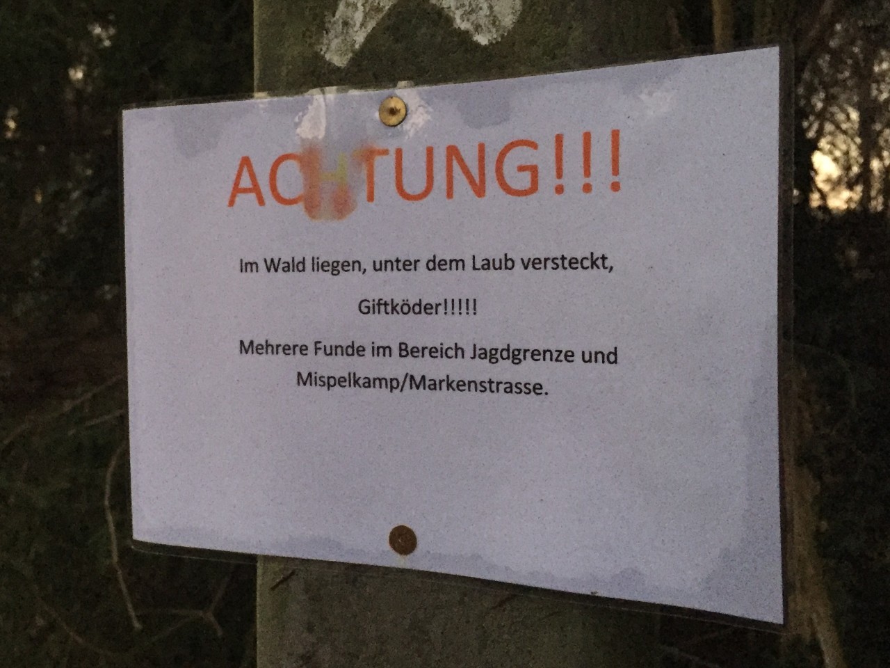 Auf mehreren Schildern wird in Mülheim vor den Ködern gewarnt.