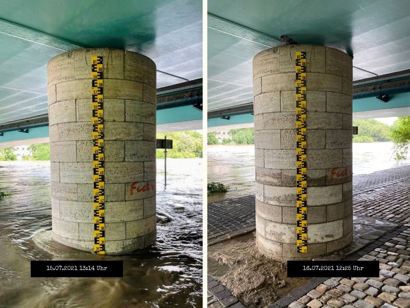 Der Pegelstand unter der Schlossbrücke in Mülheim.