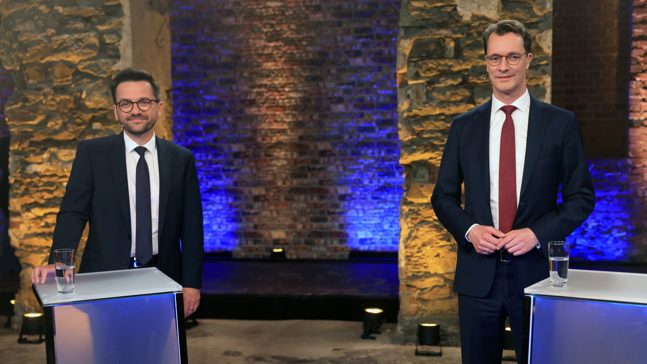TV-Duell im WDR: Thomas Kutschaty (links) und Hendrik Wüst kämpfen um das Amt des Ministerpräsidenten.