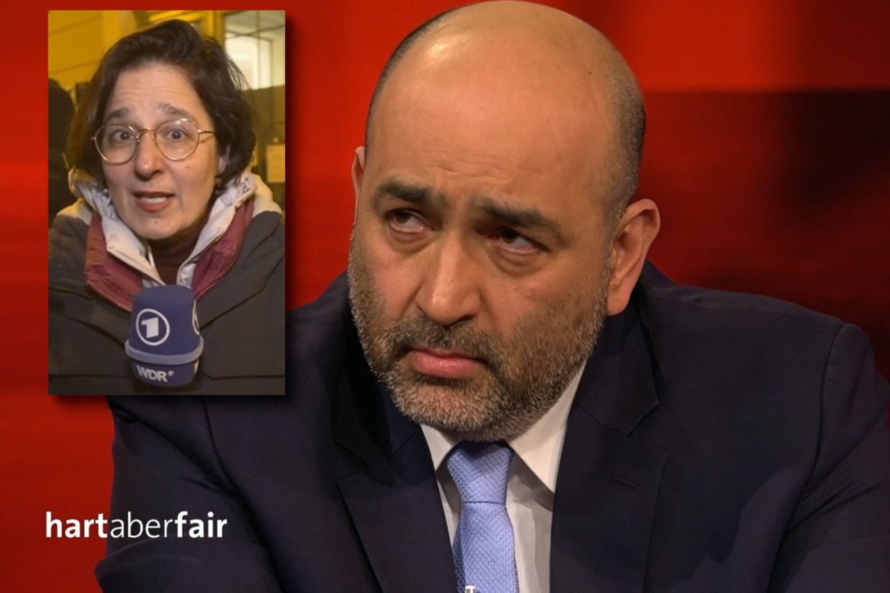 Grünen-Chef Omid Nouripour und ARD-Reporterin Isabel Schayani bei „Hart aber fair“. 