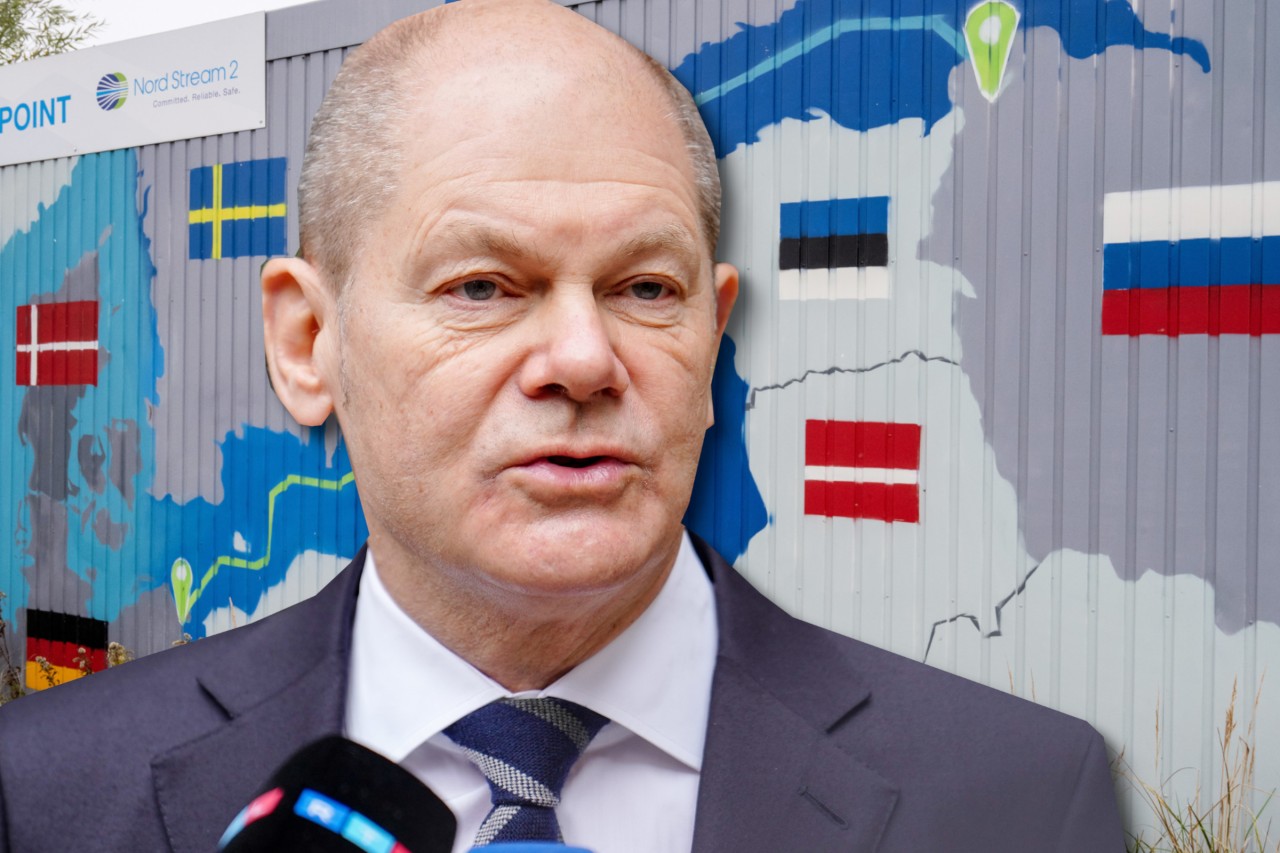 Kanzler Olaf Scholz und die Gaspipeline Nord Stream 2. 