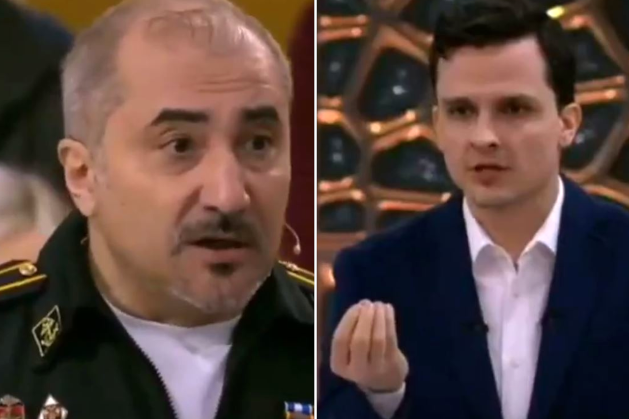 Brisante Szene im russischen Fernsehen: Der Moderator (rechts) flippte aus, als es um tote Soldaten ging. 