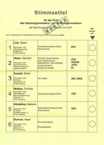 So sieht der Stimmzettel für die Wahl zum Oberbürgermeister aus.