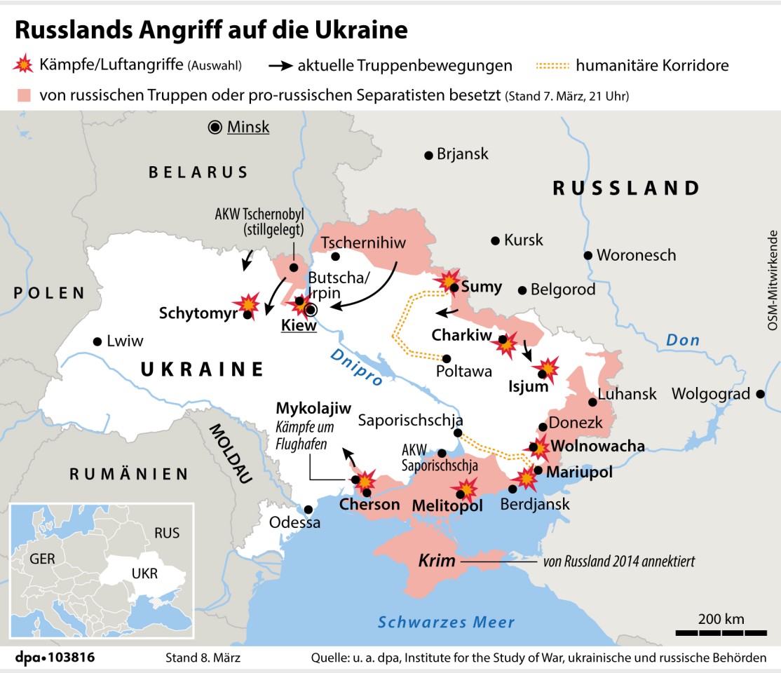 Der aktuelle Frontverlauf in der Ukraine. 