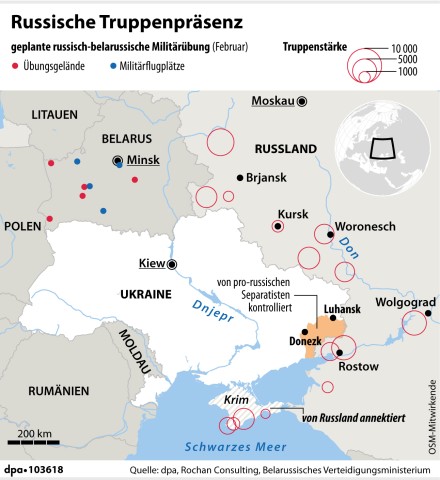 Russlands Truppen hatten die Ukraine quasi umzingelt. Zahlreiche Einheiten sind in Belarus und an der russisch-ukrainischen Grenze stationiert. Auch auf der Krim kam es zu einer Aufstockung der Truppen. 