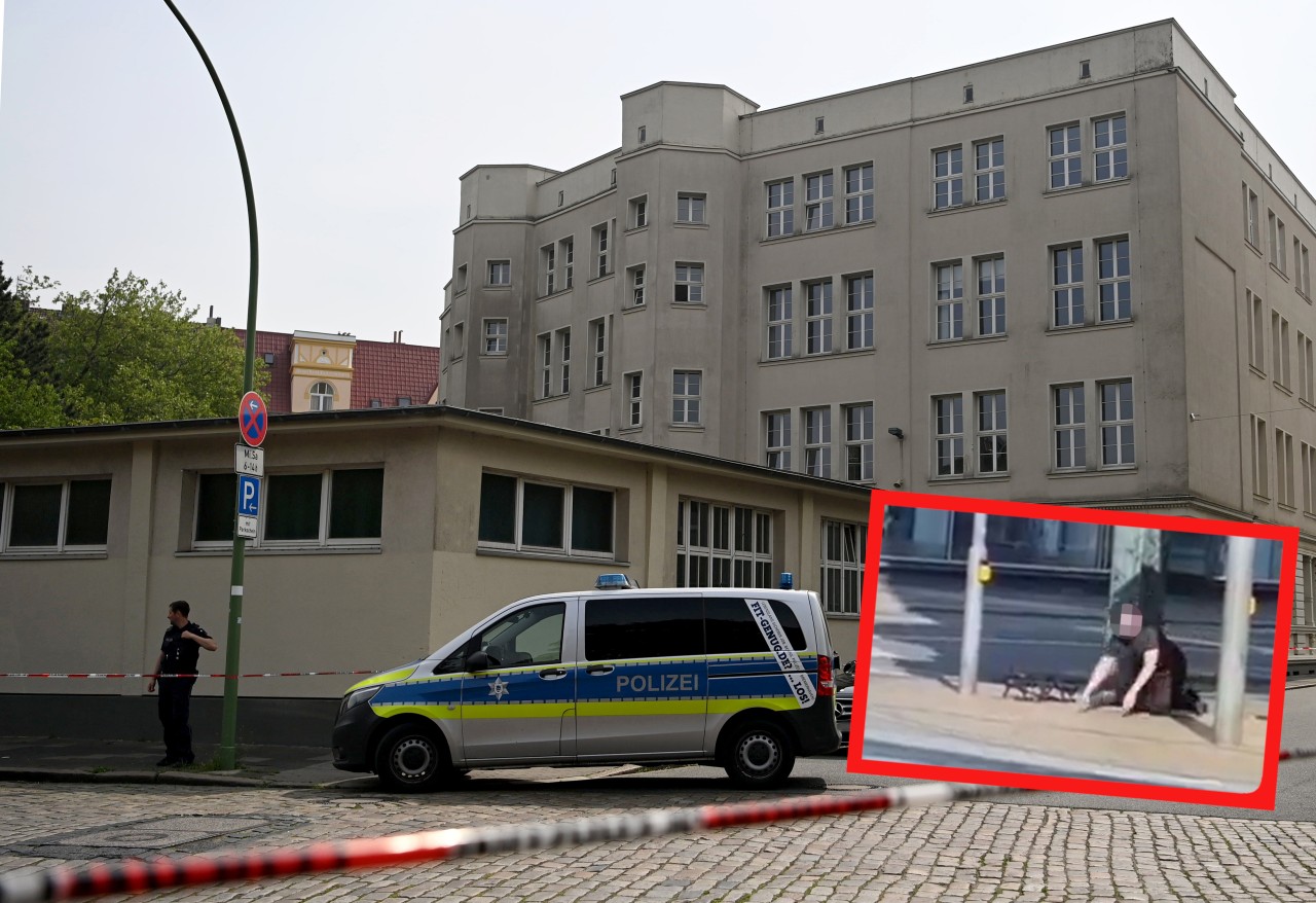 Schüsse an Schule in Bremerhaven: Ein Video zeigt, wie sich der Täter in Bremerhaven stellt. (Montage)