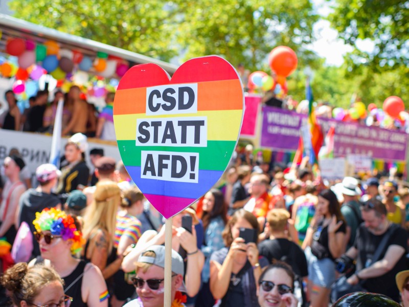 Bei der CSD-Parade geht es um mehr als eine schwul-lesbische Party. Der CSD ist auch politisch: Ein Teilnehmer hält ein Schild mit der Aufschrift „CSD statt AfD!“ hoch.