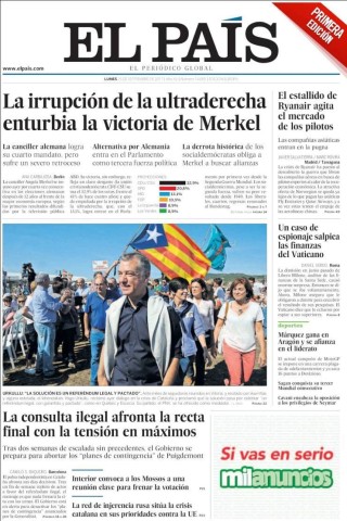 Die spanische Tageszeitung „El País“ aus Madrid schlägt in dieselbe Kerbe und titelt: „Der Durchbruch der Rechtsextremen überschattet den Sieg Merkels“.