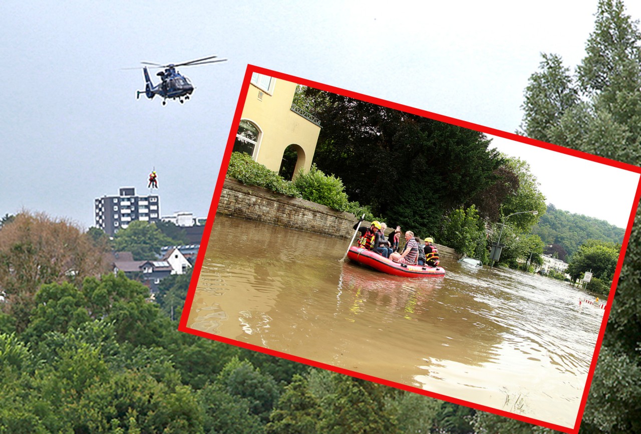 In Essen hat das Hochwasser zu über 300 Einsätzen für die Feuerwehr am Donnerstag geführt. Mit Helikoptern und Schlauchbooten mussten Menschen evakuiert werden.