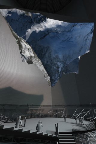 Ein riesiges virtuelles Matterhorn hängt über den Köpfen der Besucher.